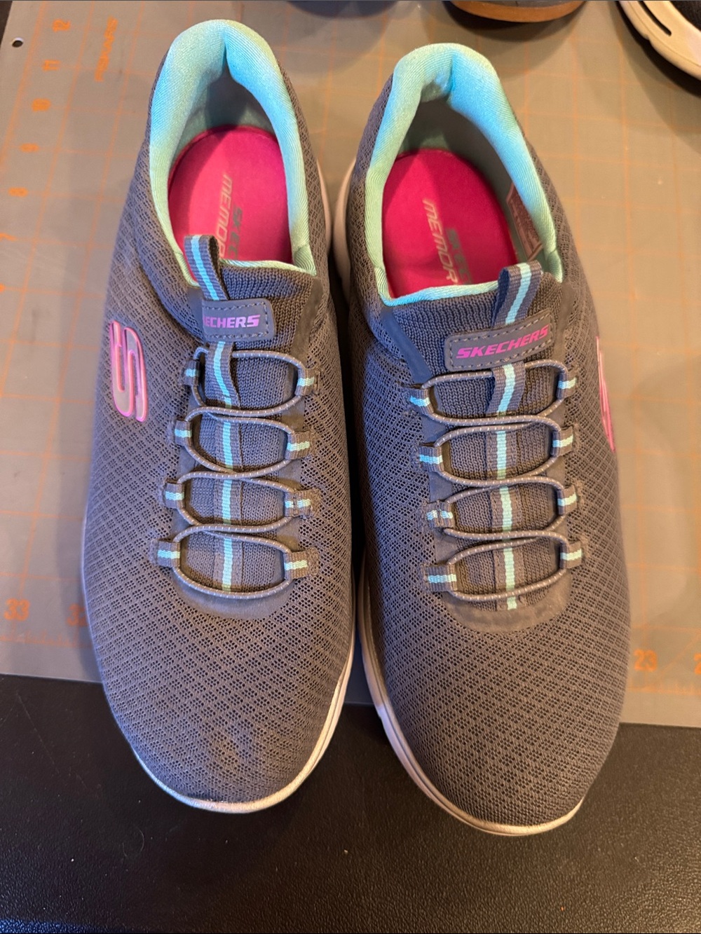 Skechers Gray Slip-On Sneakers with Pink & Aqua Details